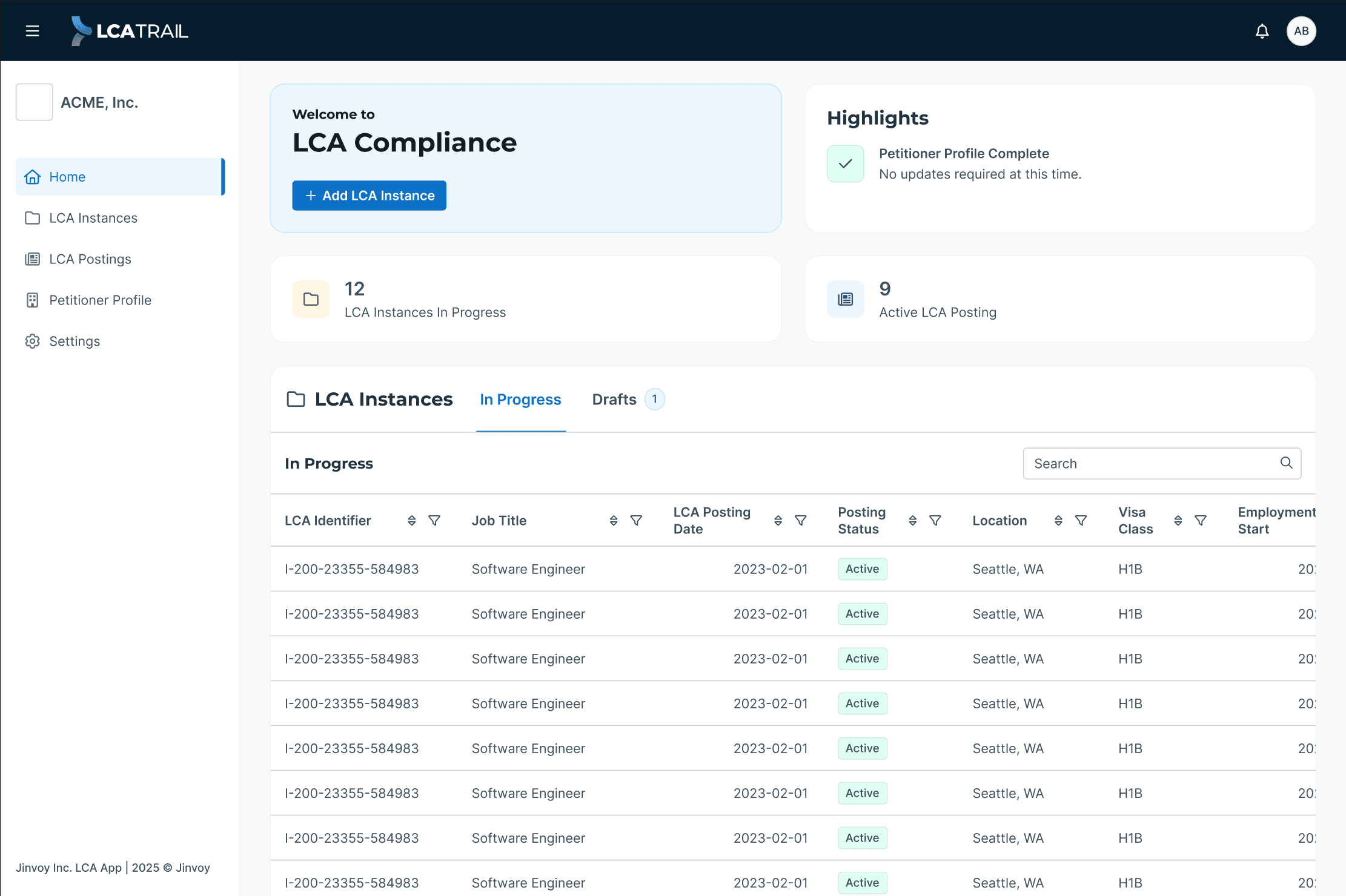 LCA Trail application dashboard preview